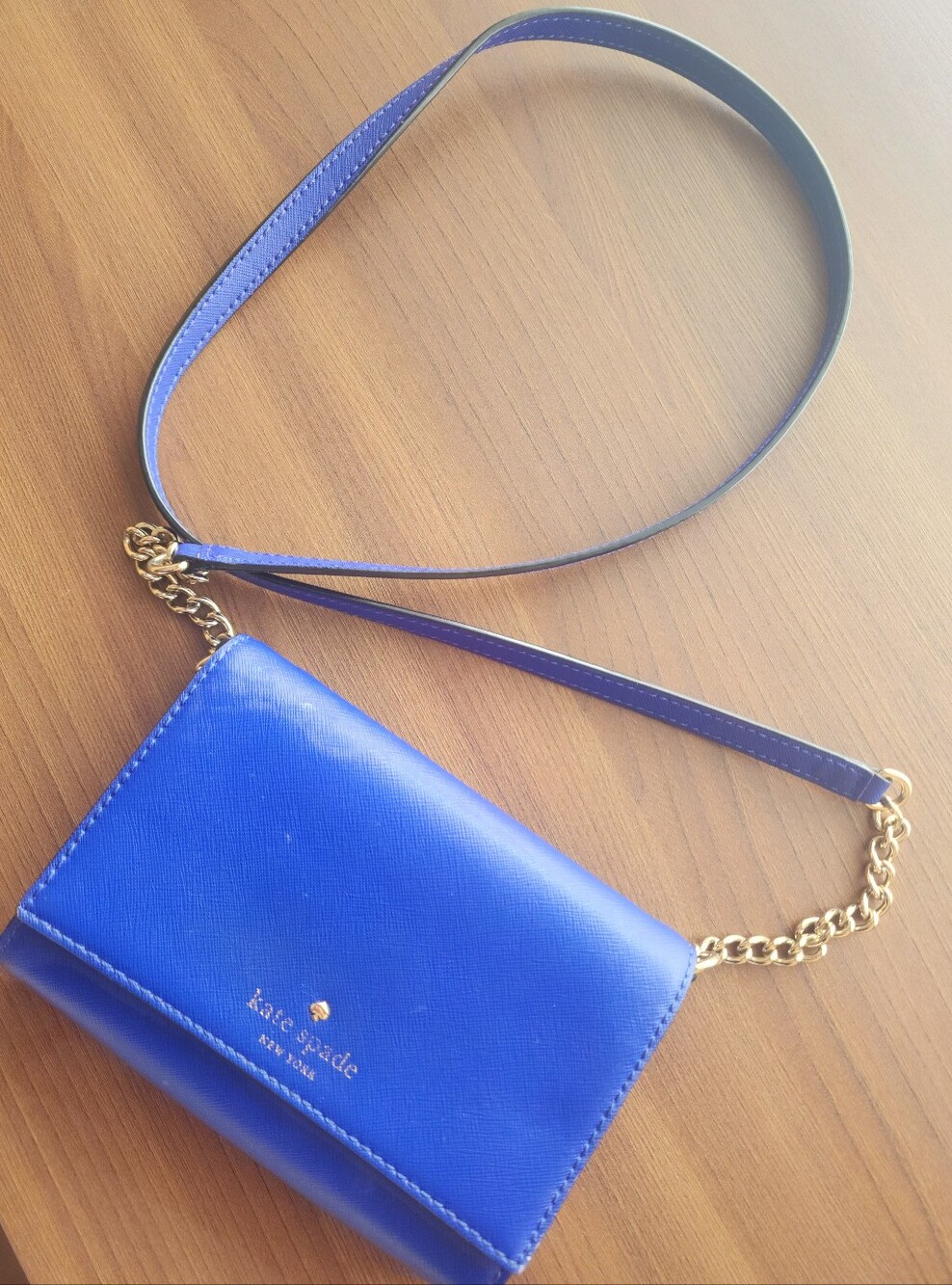 Kate Spade Bright Blue Crossbody Wallet with Gold Chain